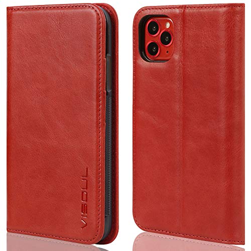 VISOUL iPhone 11 Pro Hülle, Stoßfeste Handyhülle [100% Rindsleder] [RFID Blocker] [Auto Sleep/Wake], TPU Schutzhülle [Kartenfach] [Magnet] [Stand] Lederhülle Kompatibel für iPhone 11 Pro 5,8 Rot von VISOUL