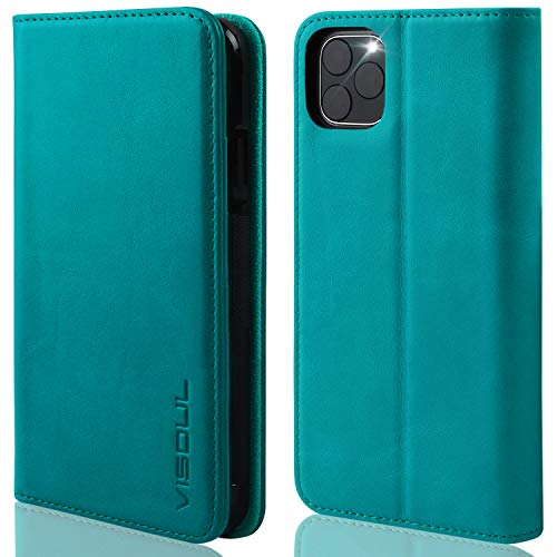 VISOUL iPhone 11 Pro Max Hülle,Stoßfeste Handyhülle [Auto Sleep/Wake][100% Leder] TPU Schutzhülle Kartenfach Magnet Stand Lederhülle Klapphüllen für iPhone 11 Pro Max SeeBlau von VISOUL