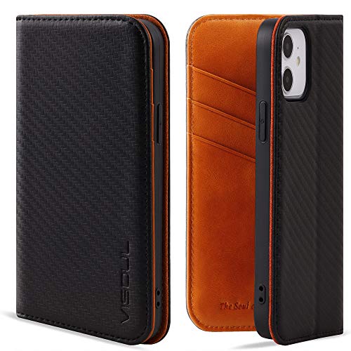 VISOUL iPhone 12 Mini Hülle, Handyhülle iPhone 12 Mini Echtleder [3 Kartenfächer] [Verdichtes TPU] [Magnet] [Stand], RFID Stoßfeste Schutzhülle Kompatibel für iPhone 12 Mini 5G 2020 (5,4) Orange von VISOUL