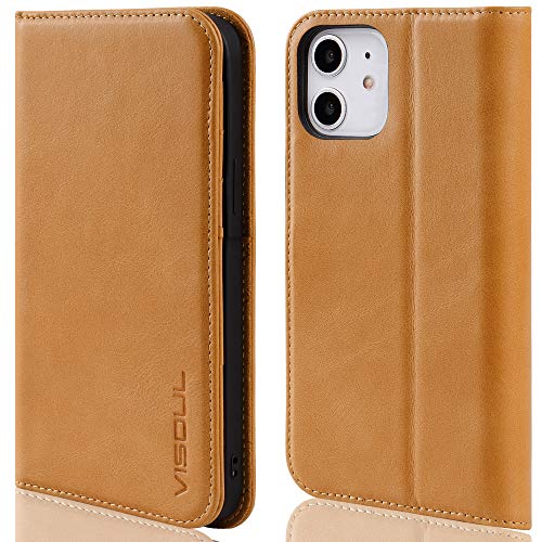 VISOUL iPhone 12 Mini Hülle,Stoßfeste Handyhülle [Echtleder] [RFID Schützt] [Kartenfach] [Magnet] [Standfunktion],TPU Schutzhülle Lederhülle für iPhone 12 Mini Gelb von VISOUL