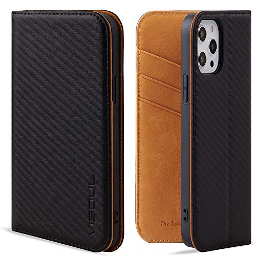 VISOUL iPhone 12 Pro Max Hülle, Handyhülle [Carbon Leder] [RFID Schutz] [Schützt vor Stoß] [Standfunktion] [Kartenfach] [Magnet],TPU Handytasche für iPhone 12 Pro Max Gelb-T von VISOUL