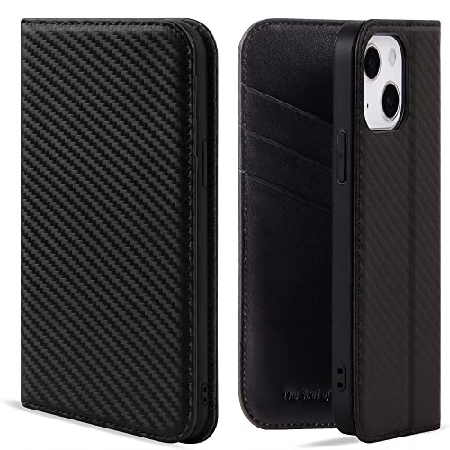 VISOUL iPhone 13 Hülle, Handyhülle [100% Karbonfaser-Leder] [RFID Schutz] [Schützt vor Stoß] [Standfunktion] [Kartenfach] [Magnet], TPU Handytasche Kompatibel für iPhone 13 Schwarz von VISOUL
