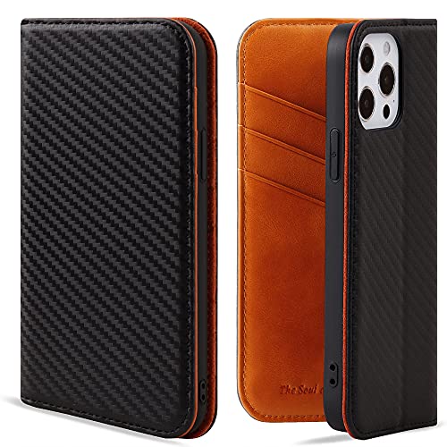 VISOUL iPhone 13 Pro Hülle, Handyhülle [100% Karbonfaser-Leder] [RFID Schutz] [Schützt vor Stoß] [Standfunktion] [Kartenfach] [Magnet], TPU Handytasche Kompatibel für iPhone 13 Pro Orange von VISOUL