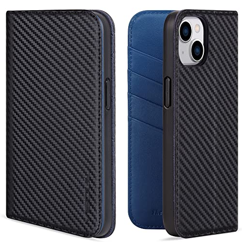 VISOUL iPhone 14 Plus Hülle, Handyhülle Carbon Leder RFID Schutz Schützt vor Stoß Standfunktion Kartenfach Magnet TPU Handytasche Blau T von VISOUL