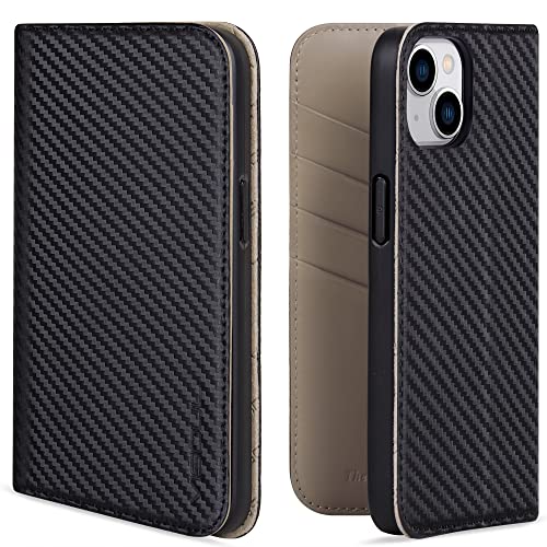 VISOUL iPhone 14 Plus Hülle, Handyhülle Carbon Leder RFID Schutz Schützt vor Stoß Standfunktion Kartenfach Magnet TPU Handytasche Grau T von VISOUL