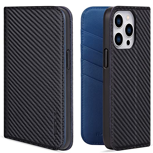 VISOUL iPhone 14 Pro Max Hülle, Handyhülle Carbon Leder RFID Schutz Schützt vor Stoß Standfunktion Kartenfach Magnet TPU Handytasche Blau T von VISOUL