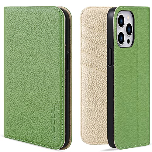 VISOUL iPhone 14 Pro Max Hülle,Handyhülle iPhone 14 Pro Max[Echtleder] [Kartenfächer] [TPU] [Magnet] [Stand] Stoßfeste Schutzhülle Lederhülle für iPhone 14 Pro Max Grün + Weiß L von VISOUL