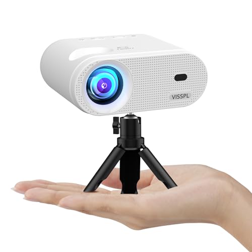 Mini Beamer mit Stativ, VISSPL 12000 Lux Beamer Klein unterstützt Full HD 1080P, 50% Zoom, ±15° Trapezkorrektur, Handy Beamer Kompatibel mit HDMI, USB, AV, iOS, Android, PC, TV-Stick von VISSPL