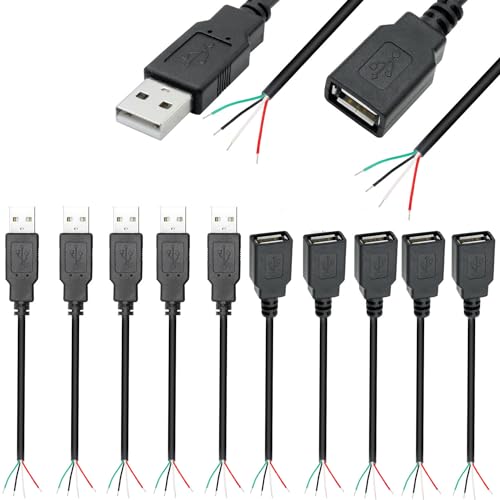 VISSQH 10 Stück(5 Paar) USB Stecker & Buchse Pigtail Kabel,USB Stecker Lötbar 4 pin Bare Wire,USB 2.0 Stecker blankes Kabel Pigtail für USB-Geräte installiert oder DIY ersetzen Reparatur (30cm) von VISSQH