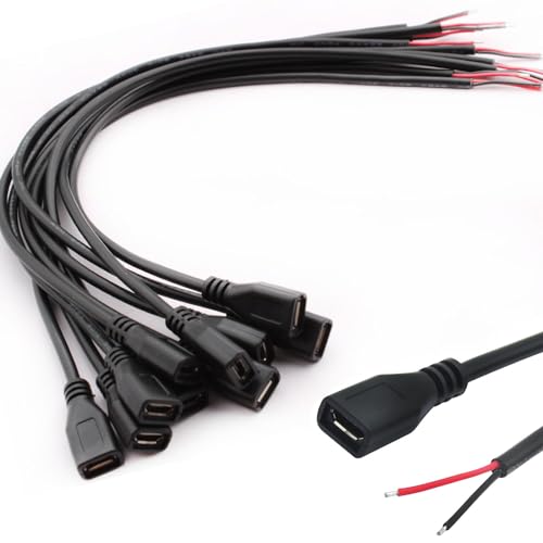 VISSQH 10 Stück Micro USB Buchse auf 2-poligen blankes Kabel,Micro USB Kabel,22AWG 3A USB Buchse,2-adriges USB Verlängerungskabel,USB Buchse löten,mit offenem Ende für Heimwerker von VISSQH