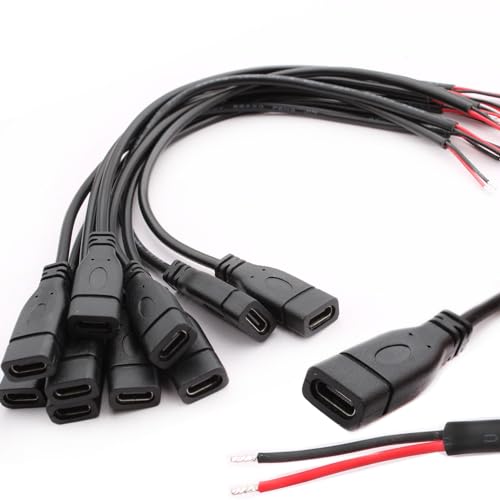 VISSQH 10 Stück USB Typ-C Pigtail Kabel,22AWG 5V 3A USB-C-Buchse auf 2poligen Blankdraht,2-adriges USB C-Verlängerungskabel,Lötbar USB C Buchse,mit offenem Ende für Heimwerker (25cm) von VISSQH