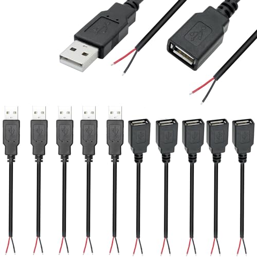 VISSQH 5 Paar(10 Stück) USB Stecker & Buchse Pigtail Kabel,USB Stecker Lötbar 2 pin Bare Wire,USB 2.0 Stecker blankes Kabel Pigtail für USB-Geräte installiert oder DIY ersetzen Reparatur (30cm) von VISSQH