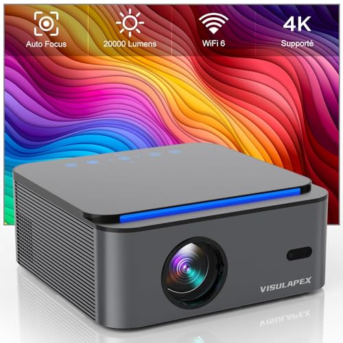 【Autofokus/Trapezkorrektur】 Beamer, VISULAPEX U1 WiFi6 20000L 1080P Full HD 4K Unterstützt Projektor, 200" Display, 4D Trapezkorrektur, Video Beamer Heimkino kompatibel mit Smartphone/TV Stick/PS5 von VISULAPEX