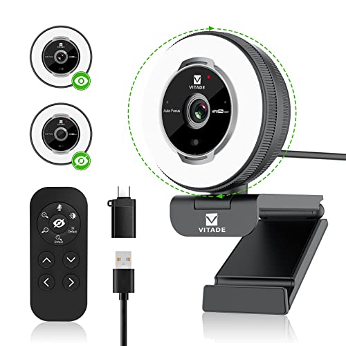 VITADE Streaming Webcam mit Ringlicht, Zoomable Webkamera mit Fernbedienungen, 1080P 60FPS, schneller Autofokus, Rauschunterdrückung Mikrofone, für PC Mac Laptop Desktop Zoom Skype Teams von VITADE