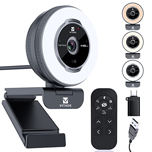 VITADE Streaming Webcam mit Ringlicht, Zoombare Webkamera mit Fernbedienung, 1080P 60FPS, schnellem Autofokus, integrierter Sichtschutzabdeckung, Rauschunterdrückungsmikrofonen, für PC, Zoom, Skype von VITADE