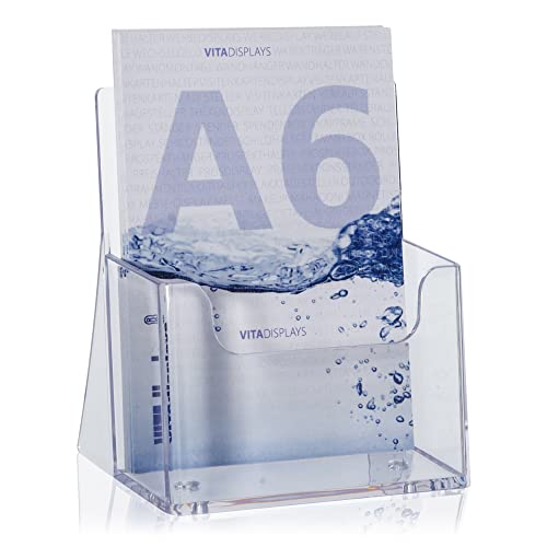 2 Stk. DIN A6 Tisch-Prospektständer für Flyer und Prospekte als praktischer Postkarten-Aufsteller im Hochformat. Transparenter VITAdisplays Flyerständer als Prospekthalter für ihre gedruckte Werbung von VITAdisplays
