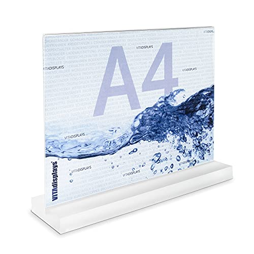 2 Stück VITAdisplays DIN A4 Werbeaufsteller im Querformat mit massiver, satinierter PLEXIGLAS Basis, T-Ständer, T-Aufsteller als Tischaufsteller von VITAdisplays