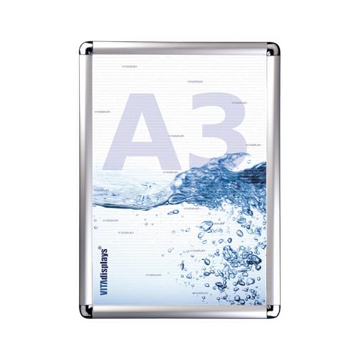 VITAdisplays Alu-Klapprahmen DIN A3 Silber Rondo, Posterrahmen inkl. Anti-reflex PET Schutzfolie, 25mm Aluminium Profil, Wechselrahmen von VITAdisplays