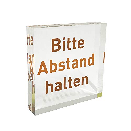 transparenter Acrylblock als Infoständer, Hinweisaufsteller mit Aufdruck „Bitte Abstand halten“ in der Farbe Orange, Infoaufsteller aus original PLEXIGLAS von VITAdisplays