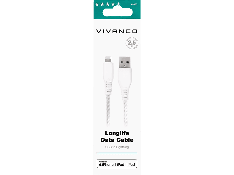 VIVANCO LongLife Lightning USB, Datenkabel, 2,5 m, Weiß von VIVANCO