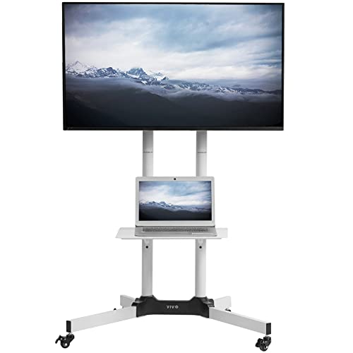 VIVO Mobiler TV-Wagen für 32 bis 83 Zoll Bildschirme bis 50 kg, LCD LED OLED 4K Smart Flach- und Curved Panels, Rollständer mit Laptop-DVD-Ablage, Feststellräder, Max VESA 600x400, Weiß, STAND-TV03W von VIVO