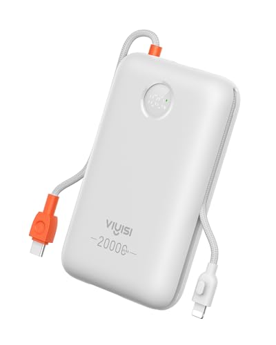 VIYISI Powerbank 20000mAh, 30W PD Schnellladegerät mit integrierten USB-C & Lighting Kabeln, mit LED Display, tragbares Akkupack für iPhone 15/14/13/12, iPad, AirPods, Galaxy und mehr (Weiß) von VIYISI