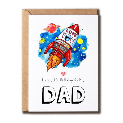 VKNDesigns Geburtstagskarte zum 1. Geburtstag für Väter mit Aufschrift "Happy 1st Birthday As My Dad" – I love you to the moon and back – Geburtstagskarte für Papa – Happy Birthday Dad von VKNDesigns