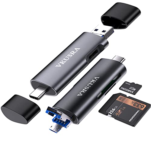 SD Kartenleser, VKUSRA Multi-Stecker USB 3.0/USB C/Micro USB Kartenlesegerät with USB C Port Datenübertragung, Aluminium SD Card Reader für SD/MMC/Micro SD/TF/SDXC/SDHC/Micro SDHC/Micro SDXC von VKUSRA