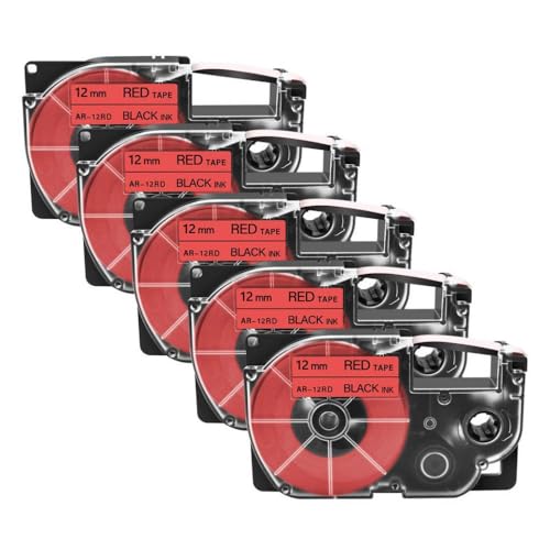 VMHPMLGV 5pk kompatible XR-12x XR-12WE-Etiketten für 12-mm-Bandbezeichnungskassette für KL-130 KL-120 430 Label Maker Drucker(5PK Black on Red) von VMHPMLGV