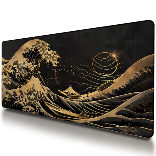 Großes japanisches Gaming-Mauspad, Meereswellen, rutschfeste Anime-Schreibtischunterlage für Büro, erweitertes XL-XXL-Mauspad und Laptop-Pad, wasserdicht und genähte Kanten, 80 x 40 cm (wg2) von VNDL