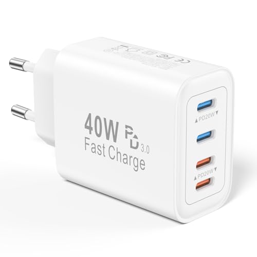 USB C Ladegerät 40W, 4 Port USBC Netzteil Adapter Stecker Mehrfach Kompatibel mit iPhone 16 15 14 13 12 11 Pro Max SE XS XR X 8 7 Plus, iPad, Samsung, Schnellladegerät Charger Ladestecker Ladeadapter von VNOOK