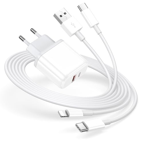 USB C Ladegerät Ladekabel, USBC Adapter Netzteil 20W für iPhone 16 15 14 13 12 11 Pro Max SE XS XR 8 Plus 2 Ports mit 2M Lightning Schnellladekabel Kabel, Stecker Mehrfach Charger Handy Ladestecker von VNOOK