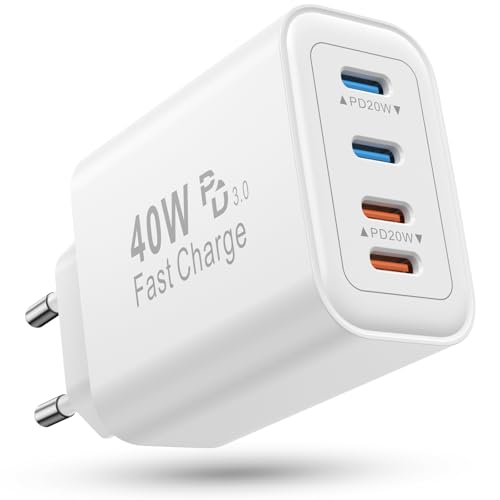 USB C Ladegerät Mehrfach, 40W USBC Stecker 4 Port Netzteil Adapter Steckdose Kompatibel mit iPhone 16 15 14 13 12 11 Pro Max SE XS XR X 8 7 Plus, iPad, Samsung Ladestecker Schnellladegerät Ladeadapter von VNOOK