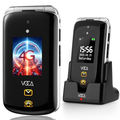 VOCA Großtasten-Klapphandy für Senioren, Dual-Screen, 4G LTE, Lauter Klang, SOS-Taste, Hörgerätekompatibilität, Ladestation, Vorhersagetext, V543 (Schwarz) von VOCA