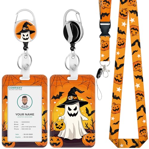 Halloween-Ausweishalter mit Umhängeband, Geister-Schlüsselband für Ausweise, Abzeichenrollen, einziehbar, Ausweishalter mit einziehbarem Schlüsselanhänger, robuster Ausweishalter für Halloween-Ausweishalter mit Umhängeband, Geister-Schlüsselband für Ausweise, Abzeichenrollen, einziehbar, Ausweishalter mit einziehbarem Schlüsselanhänger, robuster Ausweishalter für von VOCHIC