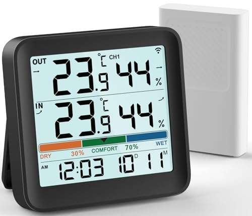 VOCOO Innen- und Außenthermometer Hygrometer Luftfeuchtigkeitsmonitor Digitales Temperaturmessgerät Wetterstationen mit LCD-Hintergrundbeleuchtung Uhr Datum Min/Max-Wertanzeige Komfortanzeige von VOCOO
