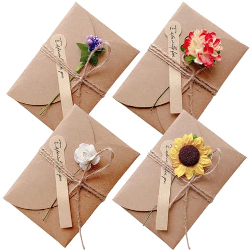 VODAFQS 4 Stück Grußkarte Set Blanko Handgemachte Retro Kraftpapier Karte und Umschlag Blanko mit Getrocknete Blumen für Erntedankfest, Valentinstag, Muttertag von VODAFQS
