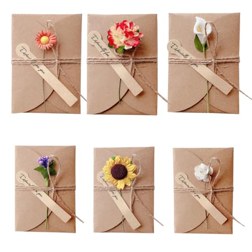 VODAFQS 6 Stück Grußkarte Set Blanko Handgemachte Retro Kraftpapier Karte und Umschlag Blanko mit Getrocknete Blumen für Erntedankfest Valentinstag Muttertag Zwei Größen von VODAFQS