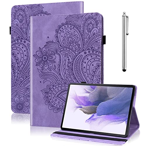 VODEFOX Schutzhülle für Lenovo Tab M10 HD 2nd Gen 10.1 Zoll 2020 Hülle (TB-X306F/X306X), geprägtes Design Pfau Blumen PU Leder Folio Flip Stand Case mit Kartenfächern Gummiband für Tab M10 HD - Lila von VODEFOX