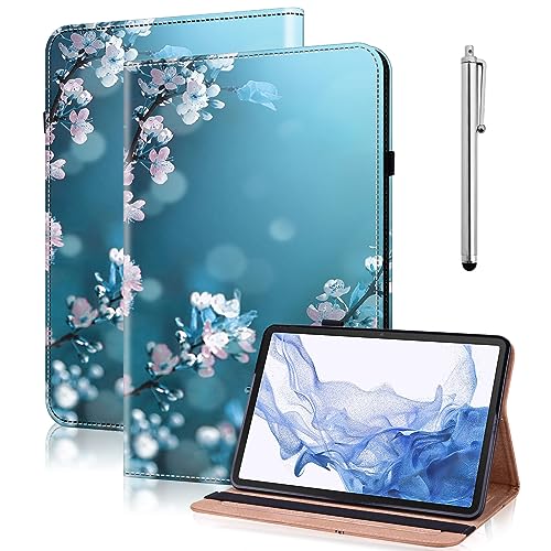 VODEFOX Schutzhülle für Samsung Galaxy Tab A9 Plus, stilvolle PU-Lederhülle, Klappständer, mit Gummiband und Kartenhalter für Galaxy Tab A9 Plus Tablet, Pflaumenblüte von VODEFOX
