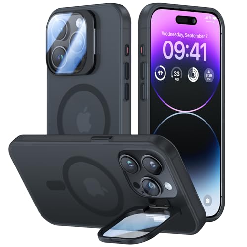 VOFATA Schutzhülle für iPhone 15 Pro, mit Standfunktion, integrierter 9H-Kamera-Objektivschutz, passend für Magsafe, stoßfest, durchscheinend, matt, magnetische Handyhülle, 15,5 cm, Schwarz VOFATA Schutzhülle für iPhone 15 Pro, mit Standfunktion, integrierter 9H-Kamera-Objektivschutz, passend für Magsafe, stoßfest, durchscheinend, matt, magnetische Handyhülle, 15,5 cm, Schwarz von VOFATA