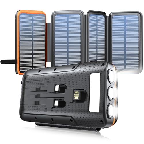 PowerBank 36800mAh, Powerbank Solarzelle USB C mit 4 Ausgang 3 Eingang und Taschenlampe, PowerBank 4 LED-Anzeigemit und 4 Ladekabel Power Bank für Uhr,Tablets, Smartphone und mehr von VOGHERB