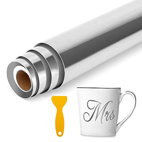 Permanentes selbstklebendes Vinyl Plotterfolie Rollen mit Schaber 30.5x305cm Metallic Chrom Vinyl Rolle Plotter Glänzend Plotterfolie für Cricut Scrapbooking Aufkleber Tasse Bastelschneidern (Silber) von VOHESEA