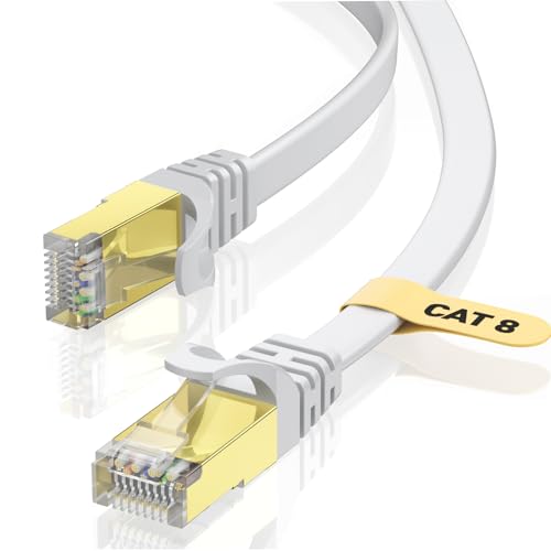 VOIETOLT Cat8 Lan Kabel 10M mit Clips, 40Gbps/2000MHz Flach Schirmung Hochgeschwindigkeit Netzwerkkabel, STP RJ45 Gigabit Cat-8 Ethernet Kabel für PS4/5, Xbox, Modem, Router (weiß) von VOIETOLT