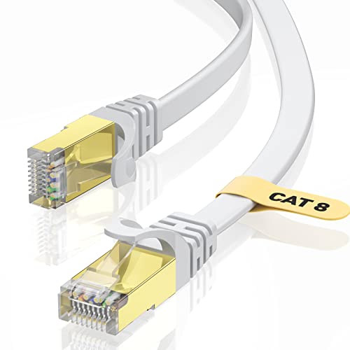 VOIETOLT Cat8 Lan Kabel 12M mit Clips, 40Gbps/2000MHz Flach Schirmung Hochgeschwindigkeit Netzwerkkabel, STP RJ45 Gigabit Cat-8 Ethernet Kabel für PS4/5, Xbox, Modem, Router (weiß) von VOIETOLT