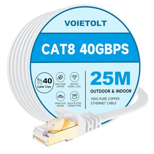 VOIETOLT Cat8 Lan Kabel 25M mit Clips, 40Gbps/2000MHz Flach Schirmung Hochgeschwindigkeit Netzwerkkabel, STP RJ45 Gigabit Cat-8 Ethernet Kabel für PS4/5, für Modem, für Router (weiß) von VOIETOLT