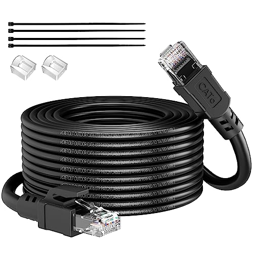 VOIETOLT Outdoor Cat 6 LAN Kabel 14Meter, Außen Wasserdicht Direct Burial LLDPE UV Mantel - 24AWG 10Gbps Hochgeschwindigkeits Gigabit Ethernet Netzwerkkabel - CCA, UTP mit 20 Kabelbindern von VOIETOLT