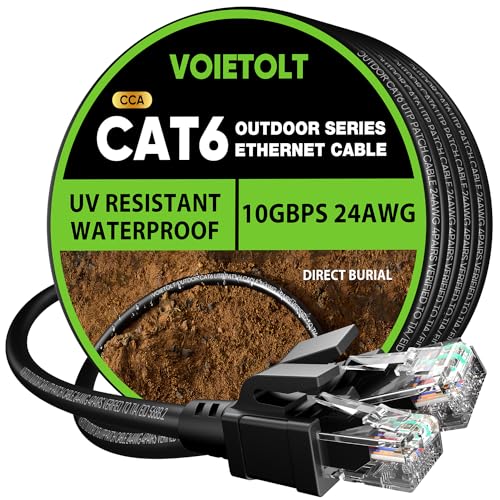 VOIETOLT Outdoor Cat 6 LAN Kabel 10meter, Außen Wasserdicht Direct Burial LLDPE UV Mantel - 24AWG 10Gbps Hochgeschwindigkeits Gigabit Ethernet Netzwerkkabel - CCA, UTP mit 20 Kabelbindern von VOIETOLT