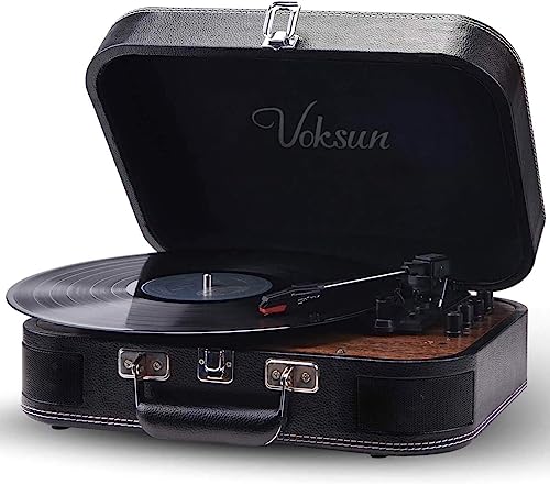Voksun Plattenspieler, tragbarer Bluetooth-Plattenspieler aus Vinyl mit integrierten Stereo-Lautsprechern, 3-Gang-Gurt-Antrieb, unterstützt Vinyl zu MP3-Aufnahmen, AUX/USB/RCA/Kopfhöreranschluss（UK） von VOKSUN