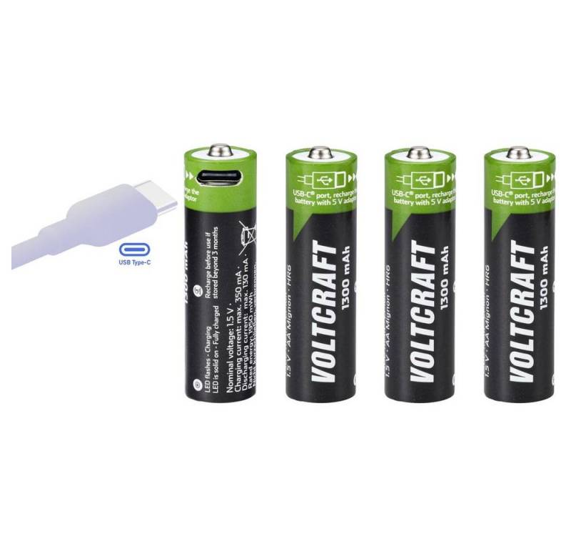 VOLTCRAFT Li-Ion USB-C® Akkus, AA 1.5 V, 1300 mAh ladbar Akku, aufladbar über USB-C® von VOLTCRAFT